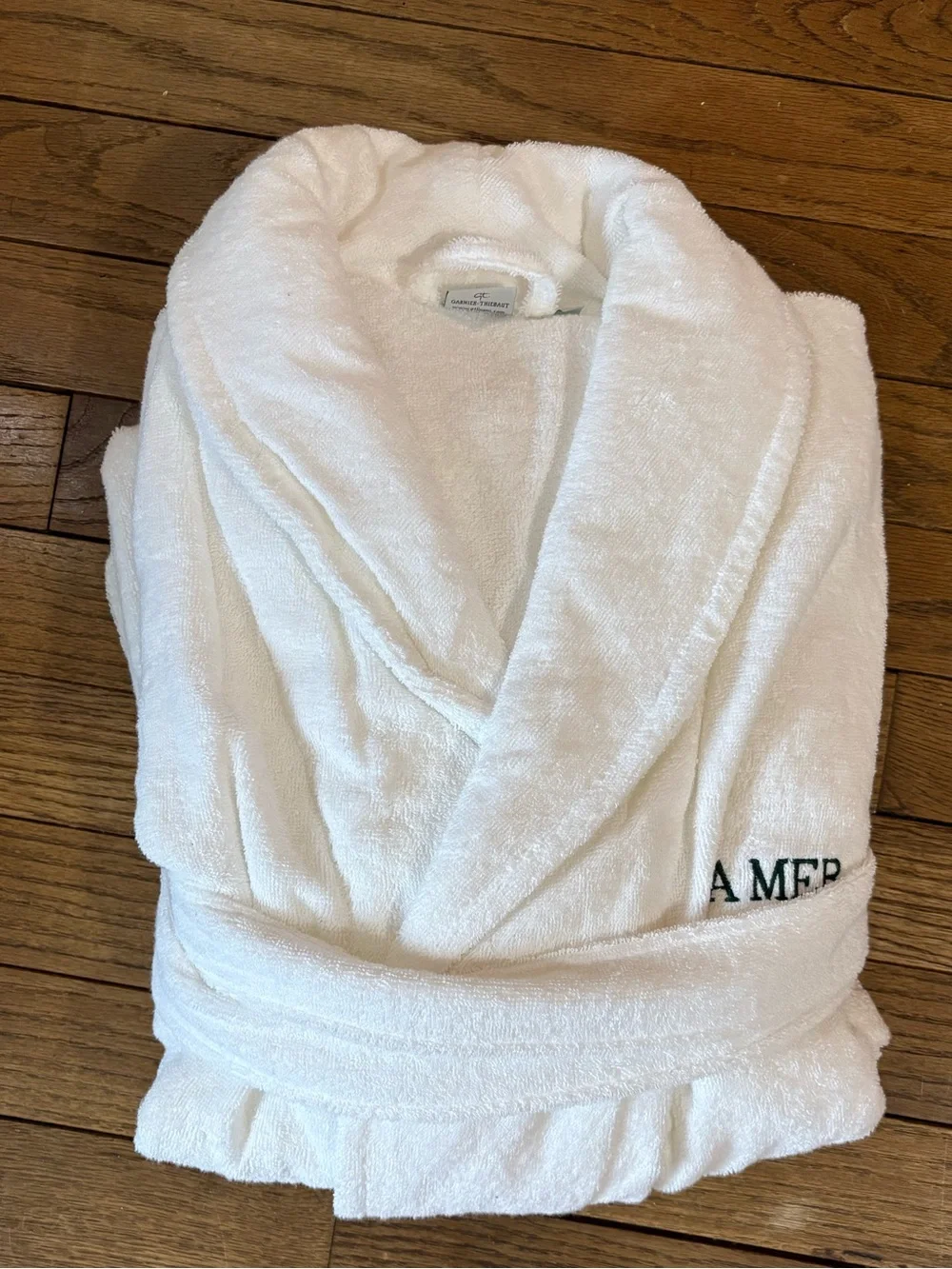 La Mer LUXURY Terry Bathrobe Plush WHITE Robe XL Women men unisex Green logo - Picture 1 of 6